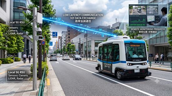 自動運転バスと路側インフラをローカル5Gで連携するイメージ