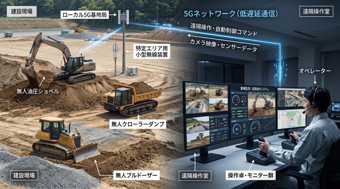 複数重機の遠隔施工ネットワークをローカル5Gで支えるイメージ